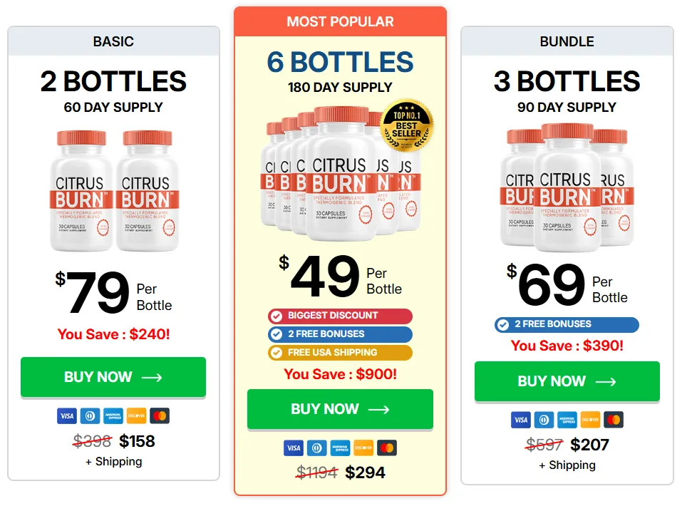 CitrusBurn pricing packages: 2, 3, and 6 bottle options