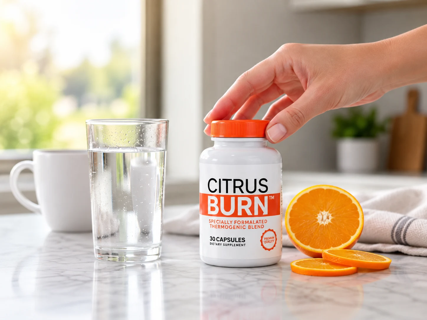 CitrusBurn thermogenic supplement bottle with water and fresh orange slices